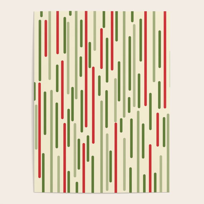 Interrupted Lines Midcentury Modern Christmas Pattern in Olive Green, Retro Xmas Red, and Cream Poster Gallery Image 1