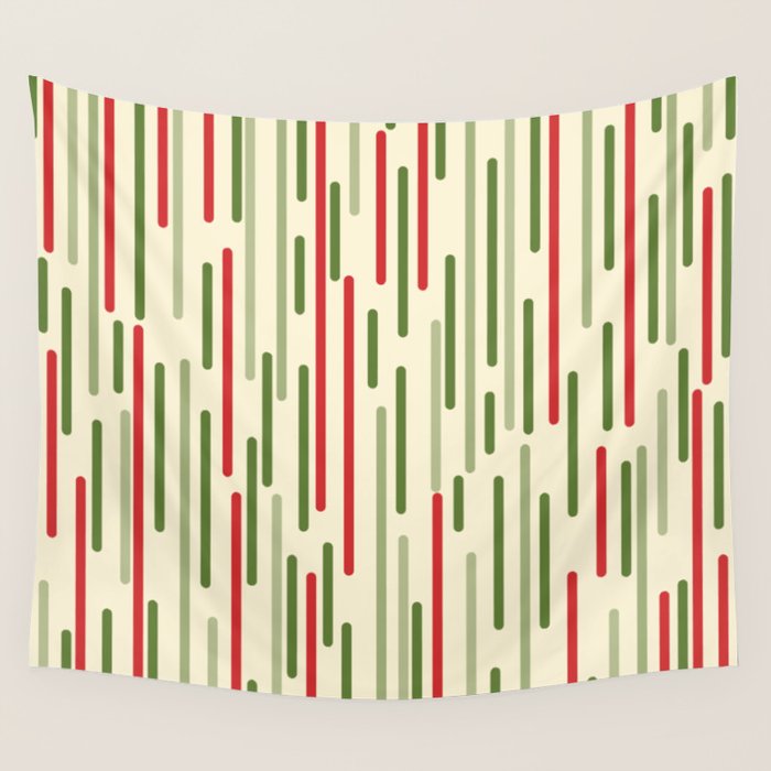 Interrupted Lines Midcentury Modern Christmas Pattern in Olive Green, Retro Xmas Red, and Cream Wall Tapestry Gallery Image 4