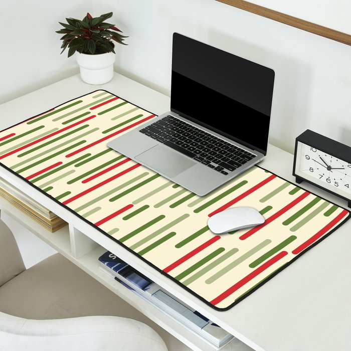 Interrupted Lines Midcentury Modern Christmas Pattern in Olive Green, Retro Xmas Red, and Cream Desk Mat Gallery Image 2