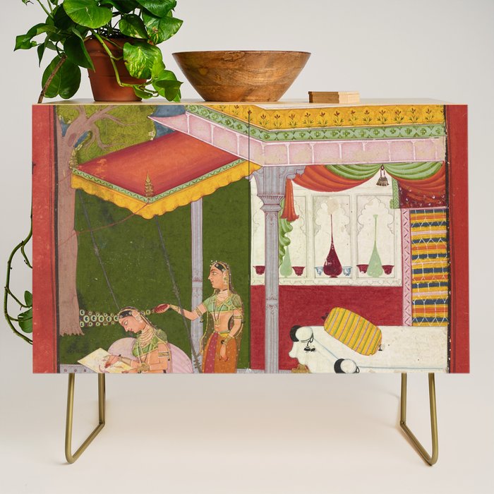 Dhanasri Ragini Antique Indian Painted Illustration Princess Pavilion Credenza Gallery Image 1