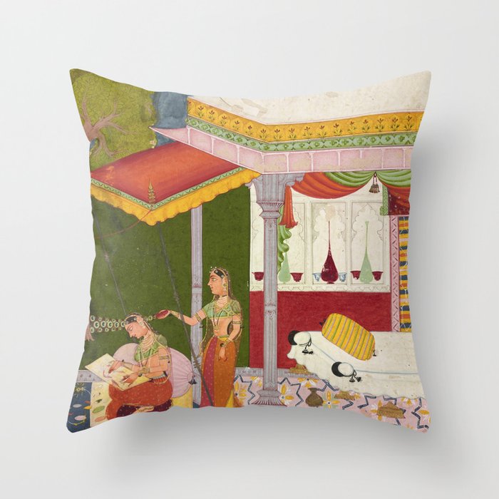 Dhanasri Ragini Antique Indian Painted Illustration Princess Pavilion Throw Pillow Gallery Image 1