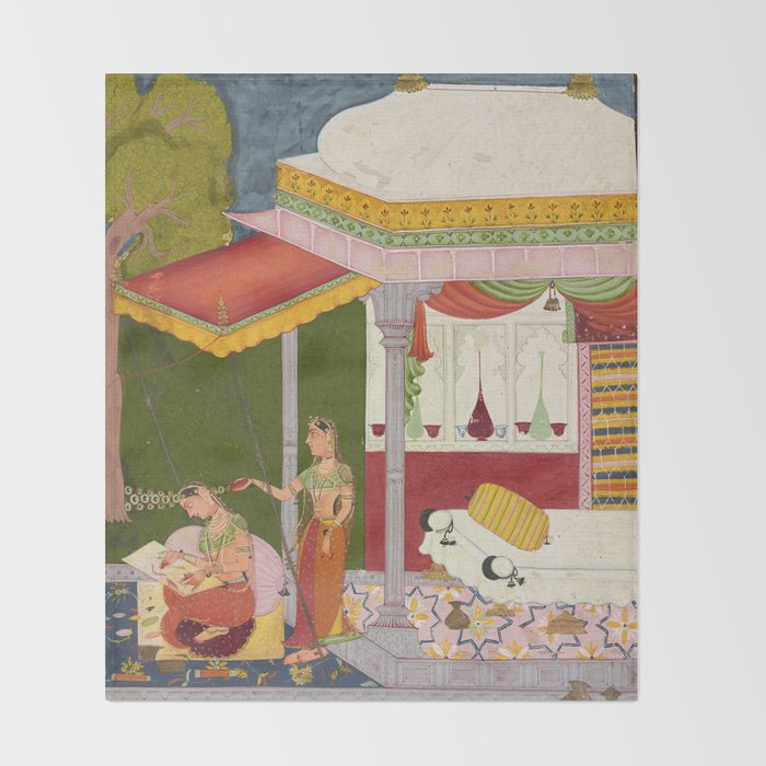 Dhanasri Ragini Antique Indian Painted Illustration Princess Pavilion Throw Blanket Gallery Image 2