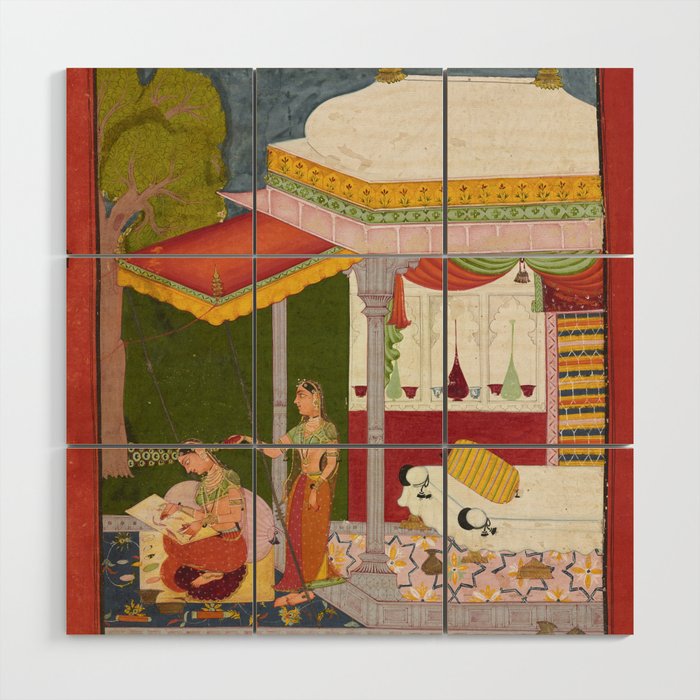 Dhanasri Ragini Antique Indian Painted Illustration Princess Pavilion Wood Wall Art Gallery Image 1