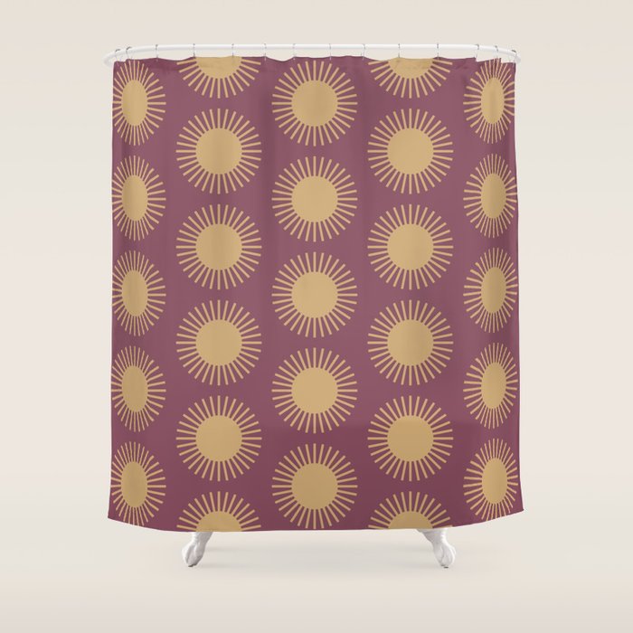 Boho Summer Sun Pattern XI Mauve and Neutral Yellow Shower Curtain Gallery Image 1