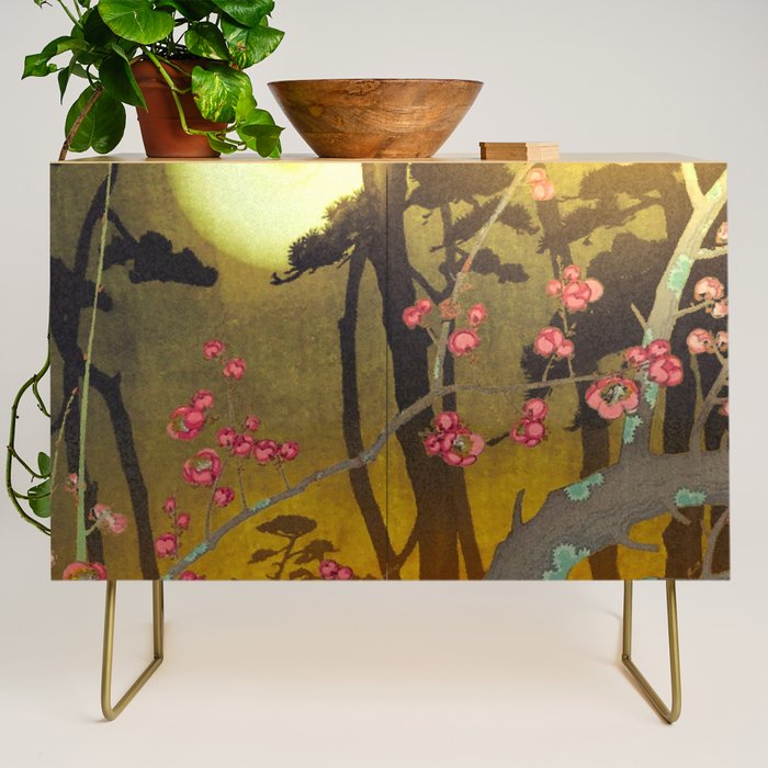 Night of Lights - Forest Nature Ukiyo Landscape in Yellow, Orange, Red & Black Credenza Gallery Image 1