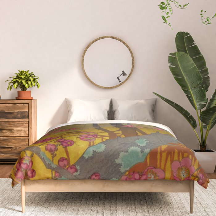 Night of Lights - Forest Nature Ukiyo Landscape in Yellow, Orange, Red & Black Comforter Gallery Image 3