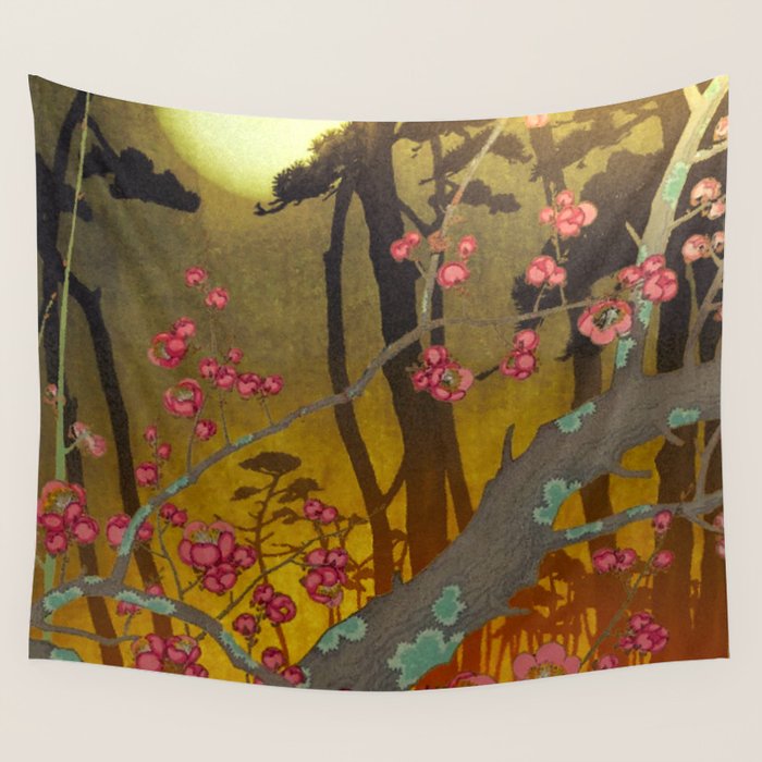 Night of Lights - Forest Nature Ukiyo Landscape in Yellow, Orange, Red & Black Wall Tapestry Gallery Image 1