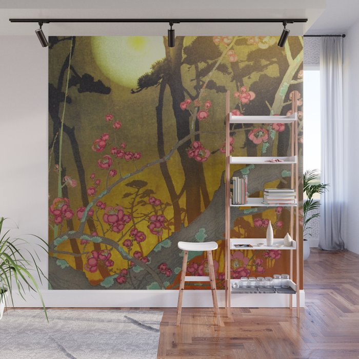 Night of Lights - Forest Nature Ukiyo Landscape in Yellow, Orange, Red & Black Wall Mural Gallery Image 1