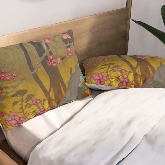 Night of Lights - Forest Nature Ukiyo Landscape in Yellow, Orange, Red & Black Pillow Sham Gallery Image 2