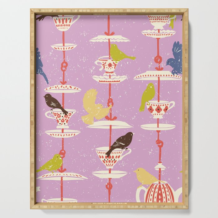 Garden Bird feeding happy pink Serving Tray Gallery Image 1