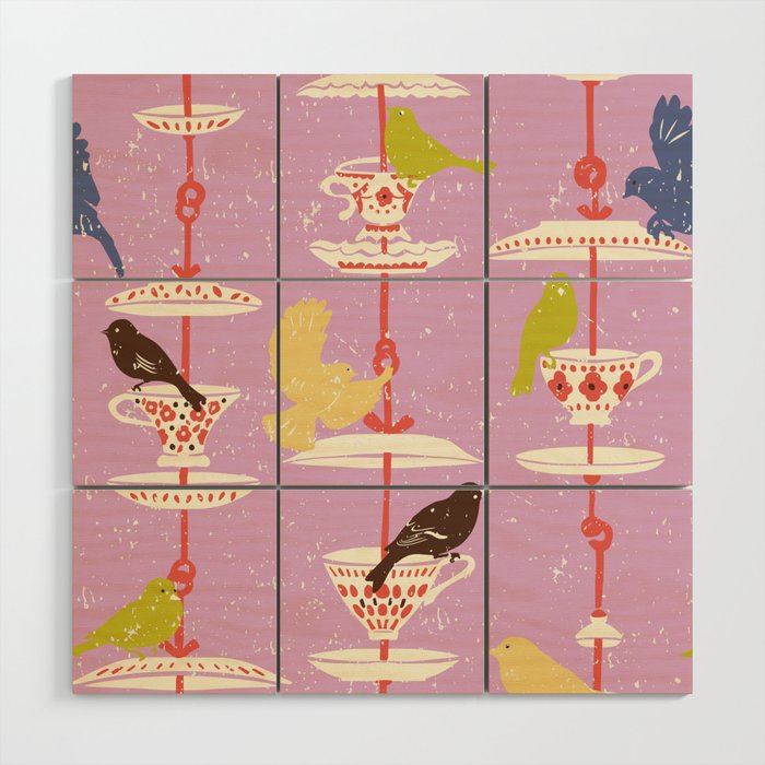 Garden Bird feeding happy pink Wood Wall Art Gallery Image 1