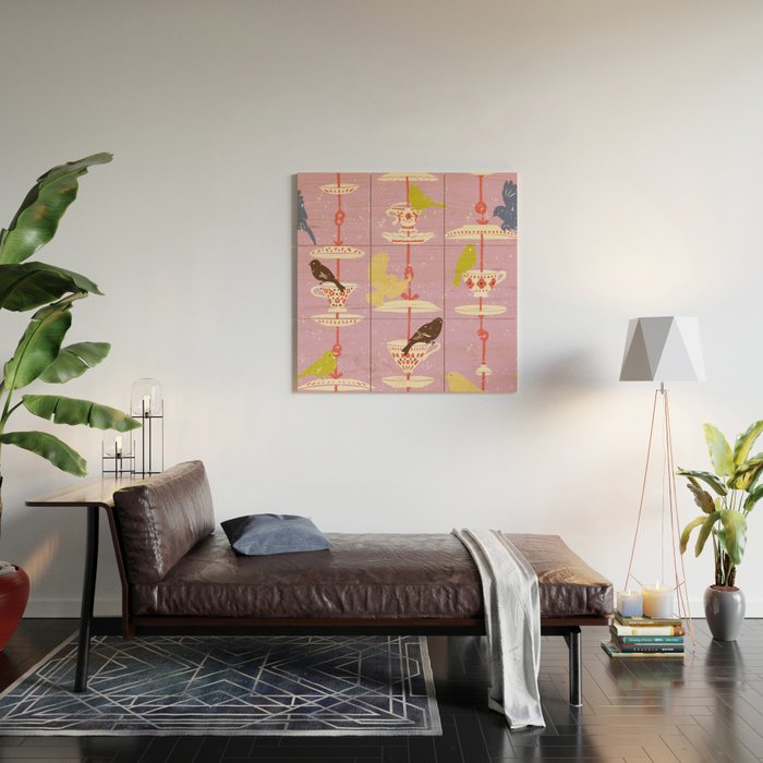 Garden Bird feeding happy pink Wood Wall Art Gallery Image 2
