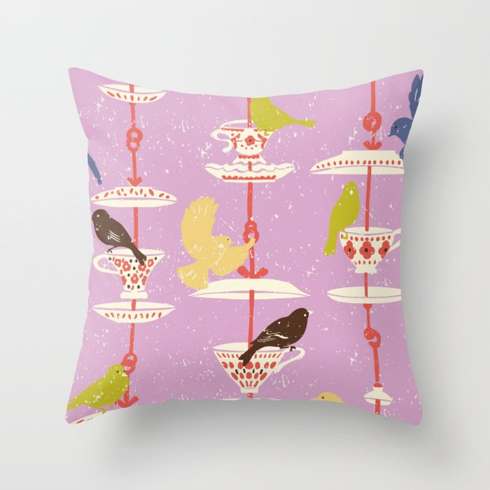 Garden Bird feeding happy pink Throw Pillow Gallery Image 6