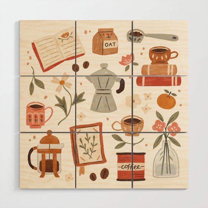 Gouache Books and Coffee Wood Wall Art Gallery Image 1