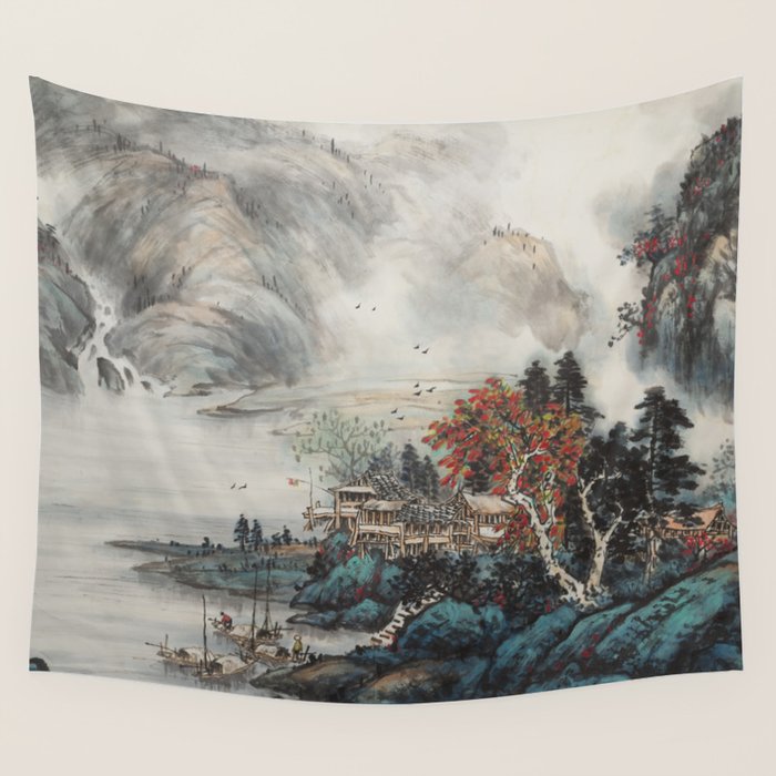 Magical Misty Japanese Mountain River Landscape Wall Tapestry Gallery Image 4
