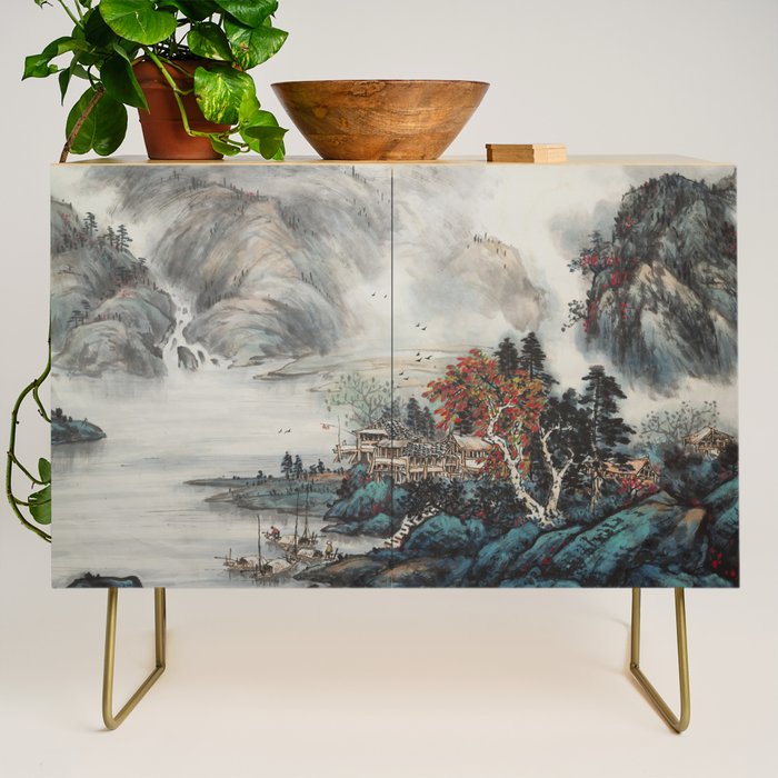 Magical Misty Japanese Mountain River Landscape Credenza Gallery Image 1