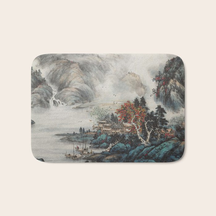Magical Misty Japanese Mountain River Landscape Bath Mat Gallery Image 1