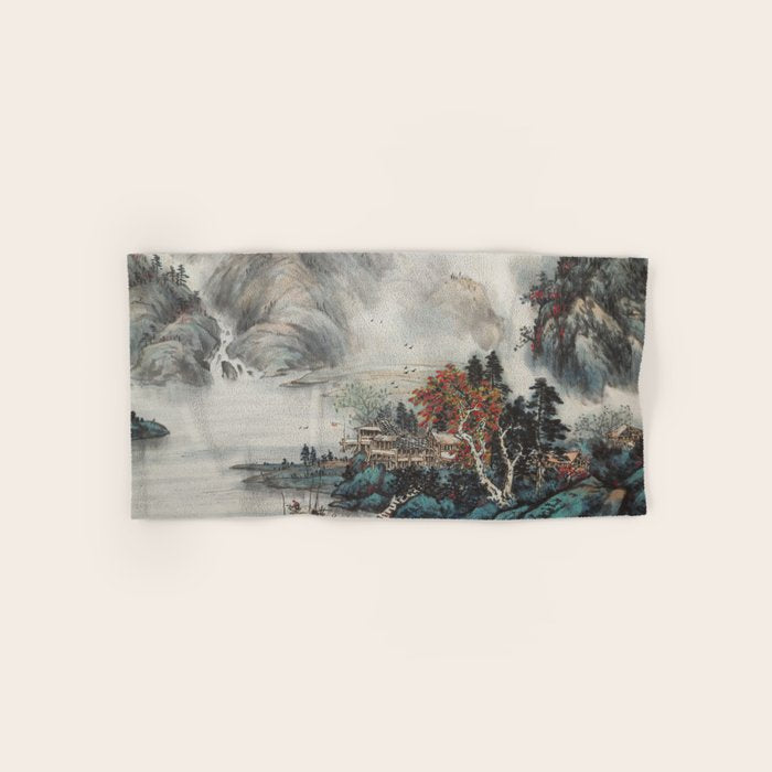 Magical Misty Japanese Mountain River Landscape Bath Towel Gallery Image 1