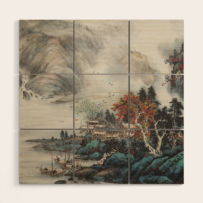 Magical Misty Japanese Mountain River Landscape Wood Wall Art Gallery Image 1