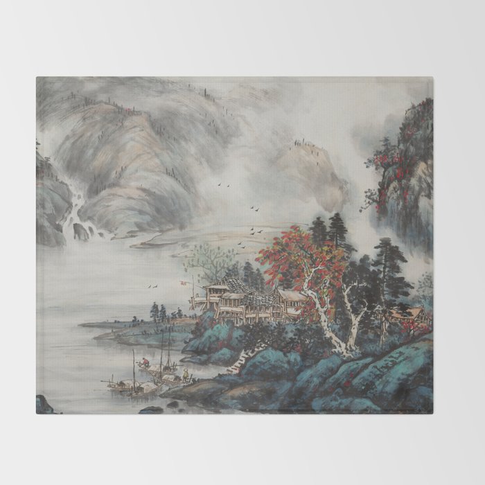 Magical Misty Japanese Mountain River Landscape Throw Blanket Gallery Image 2