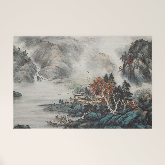 Magical Misty Japanese Mountain River Landscape Welcome Mat Gallery Image 1