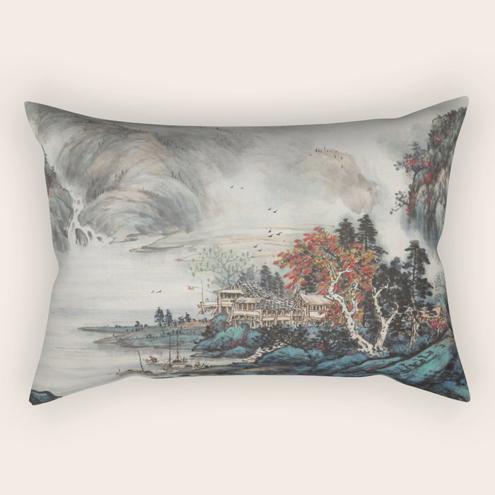 Magical Misty Japanese Mountain River Landscape Rectangular Pillow Gallery Image 1