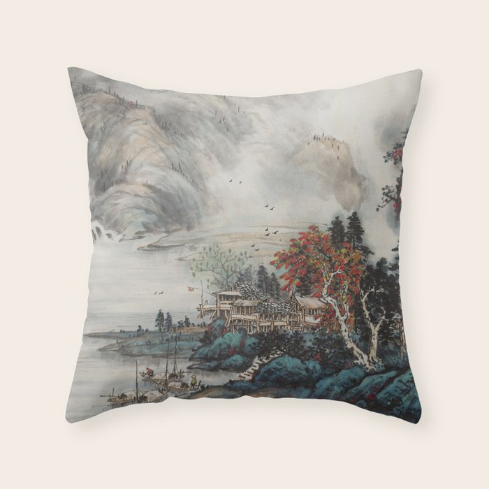 Magical Misty Japanese Mountain River Landscape Throw Pillow Gallery Image 1