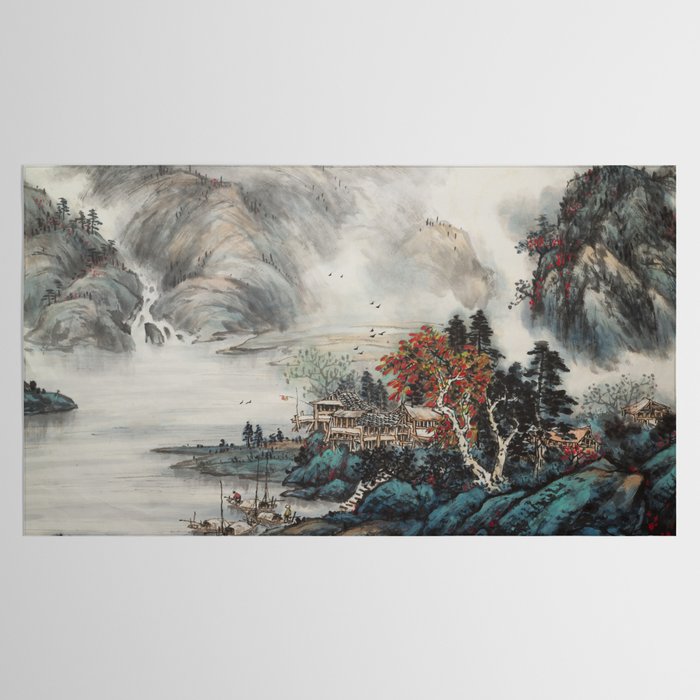 Magical Misty Japanese Mountain River Landscape Tablecloth Gallery Image 2