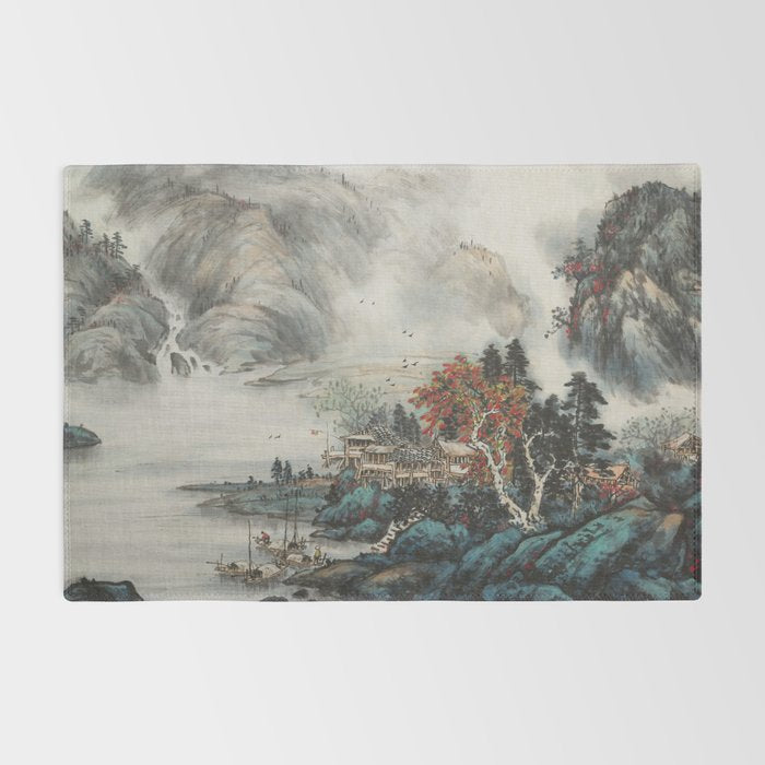 Magical Misty Japanese Mountain River Landscape Rug Gallery Image 2
