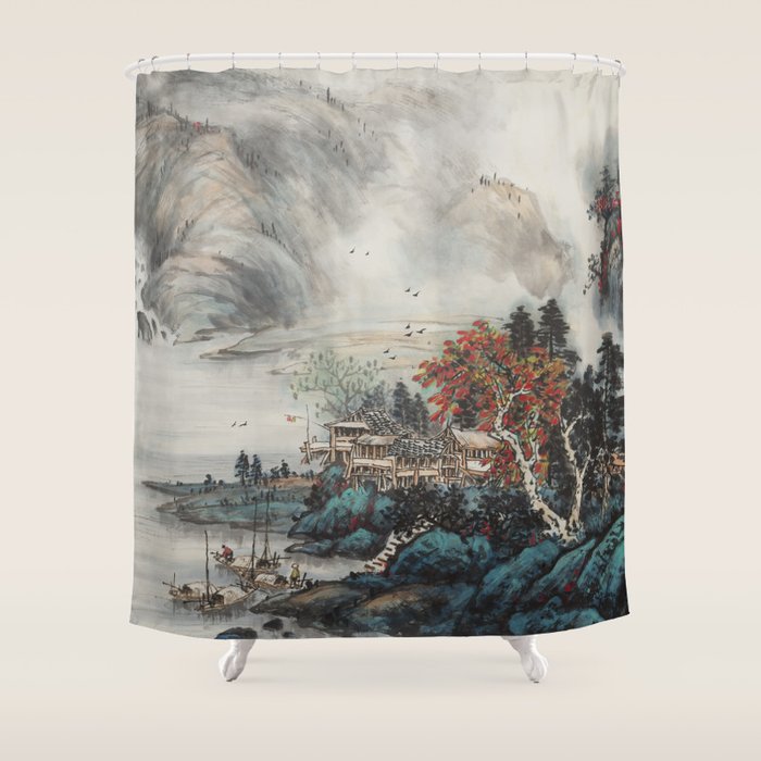 Magical Misty Japanese Mountain River Landscape Shower Curtain Gallery Image 1