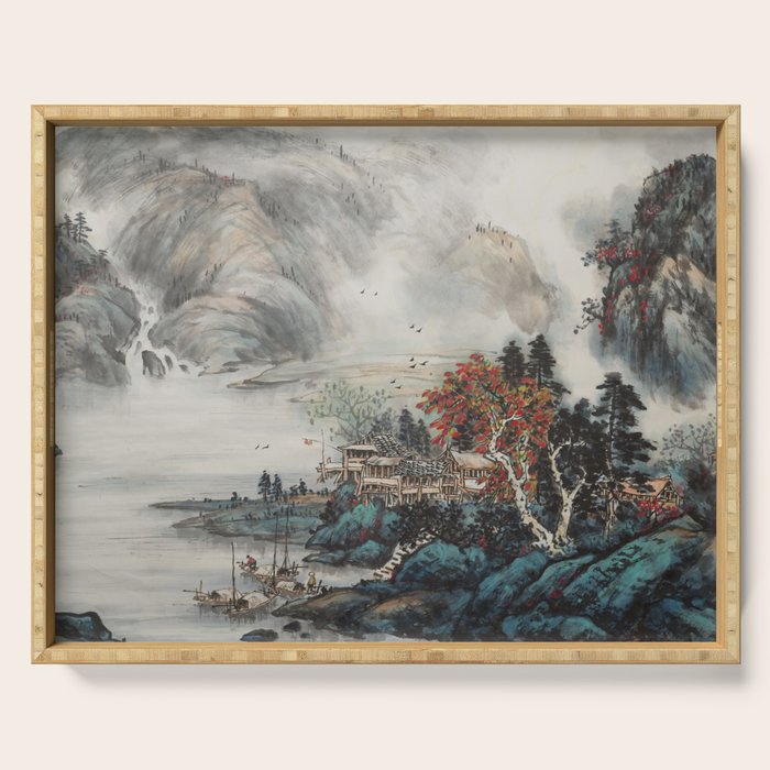 Magical Misty Japanese Mountain River Landscape Serving Tray Gallery Image 1