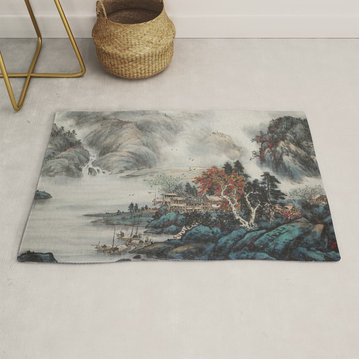Magical Misty Japanese Mountain River Landscape Rug Gallery Image 1