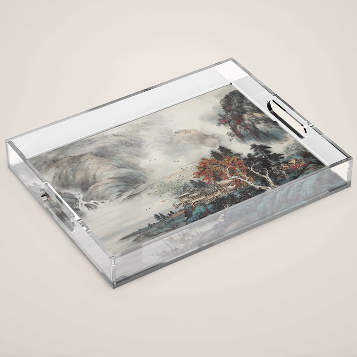 Magical Misty Japanese Mountain River Landscape Acrylic Tray Gallery Image 1