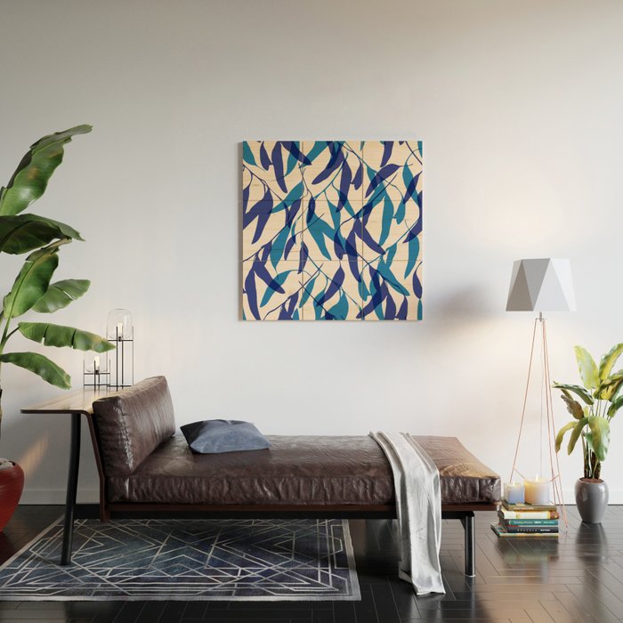 Gum leaves pattern in blue Wood Wall Art Gallery Image 2