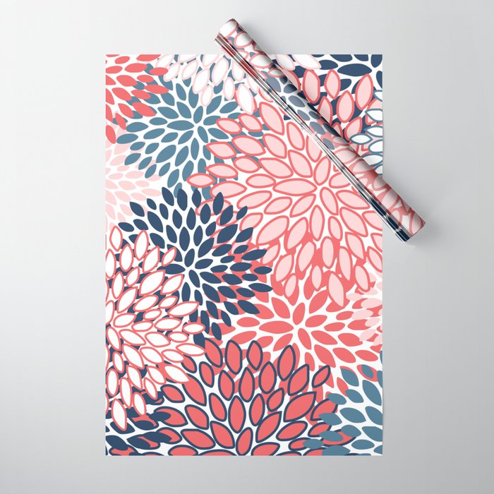 Modern Floral Prints, Coral and Navy Wrapping Paper Gallery Image 1