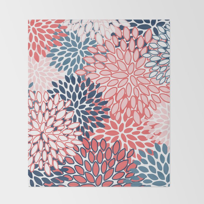 Modern Floral Prints, Coral and Navy Throw Blanket Gallery Image 2