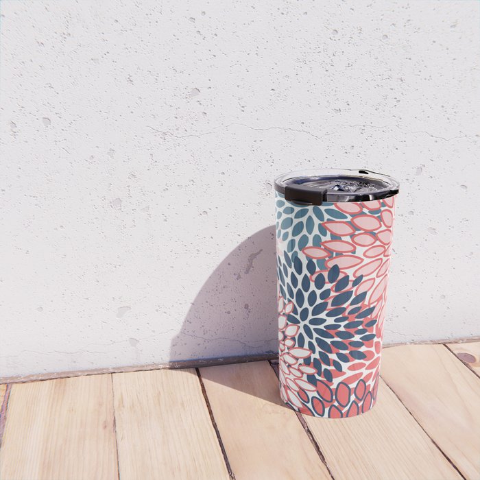 Modern Floral Prints, Coral and Navy Travel Mug Gallery Image 4
