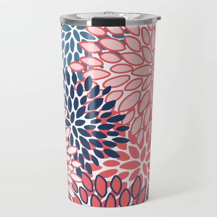 Modern Floral Prints, Coral and Navy Travel Mug Gallery Image 1