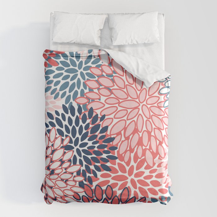 Modern Floral Prints, Coral and Navy Duvet Cover Gallery Image 1
