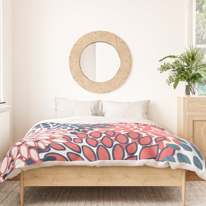 Modern Floral Prints, Coral and Navy Duvet Cover Gallery Image 3