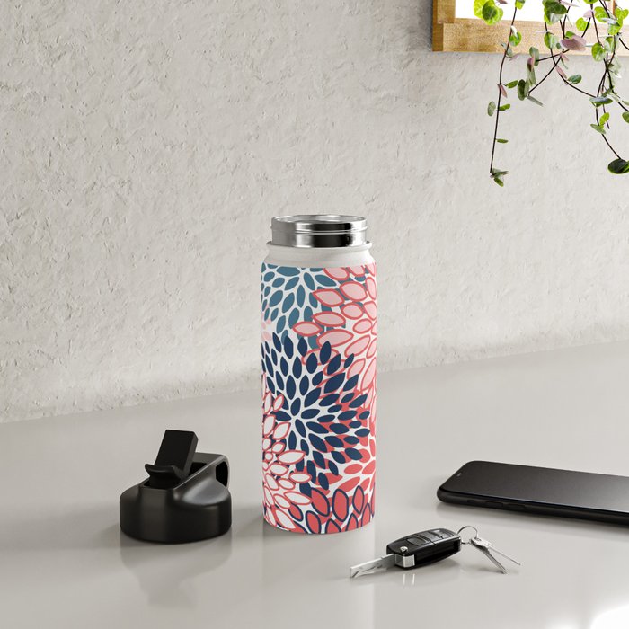 Modern Floral Prints, Coral and Navy Water Bottle Gallery Image 4