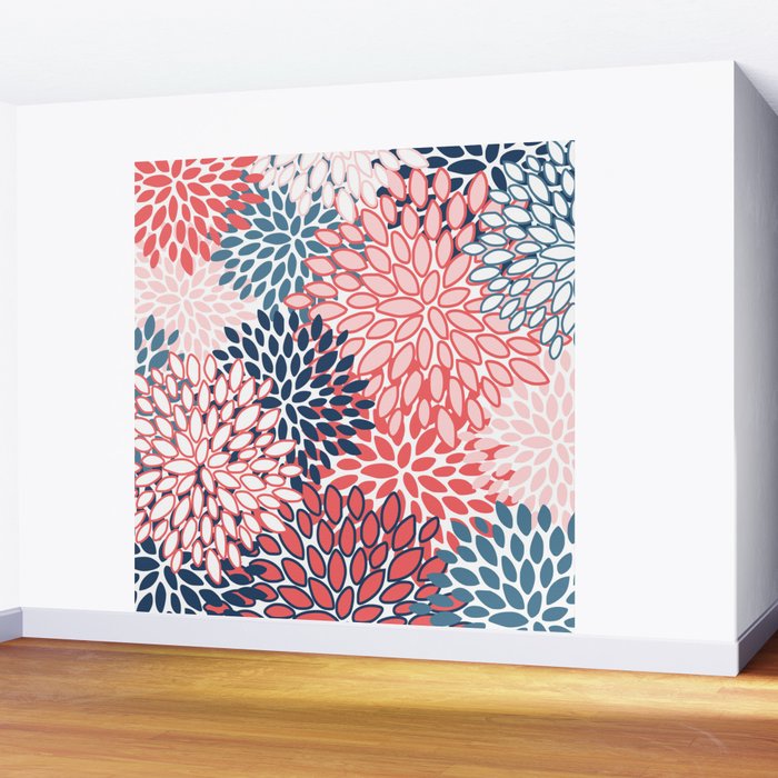 Modern Floral Prints, Coral and Navy Wall Mural Gallery Image 2