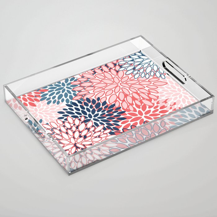Modern Floral Prints, Coral and Navy Acrylic Tray Gallery Image 1