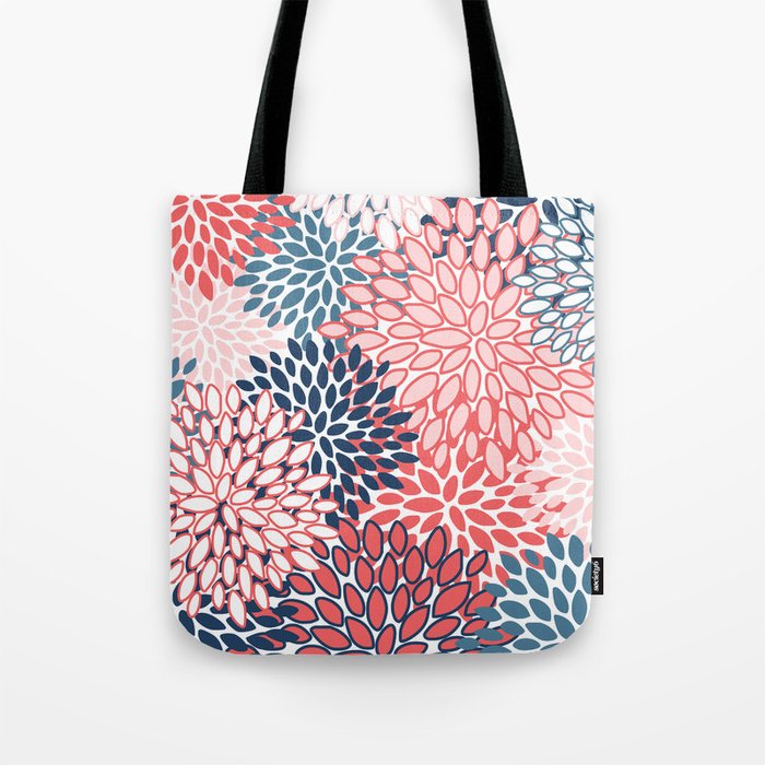 Modern Floral Prints, Coral and Navy Tote Bag Gallery Image 1