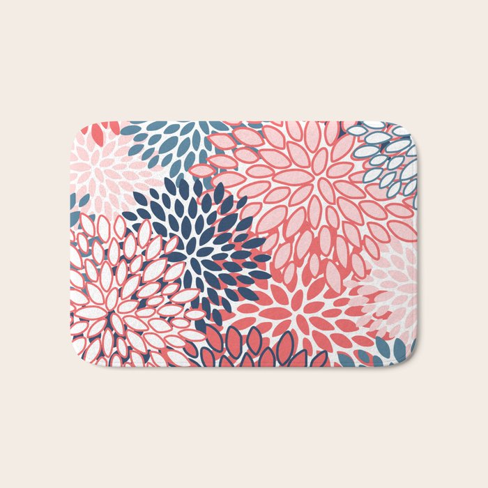 Modern Floral Prints, Coral and Navy Bath Mat Gallery Image 1