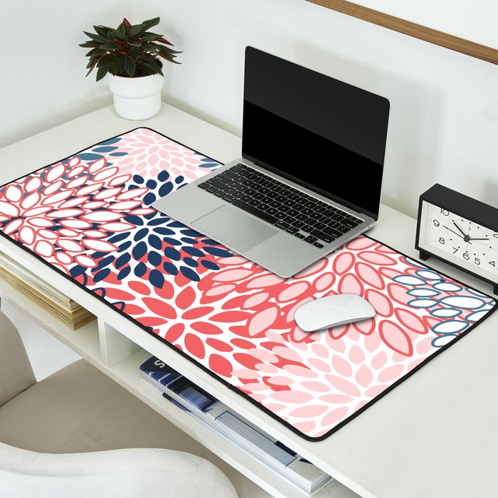 Modern Floral Prints, Coral and Navy Desk Mat Gallery Image 2