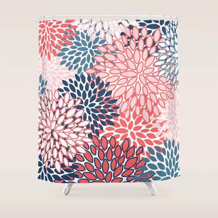 Modern Floral Prints, Coral and Navy Shower Curtain Gallery Image 1