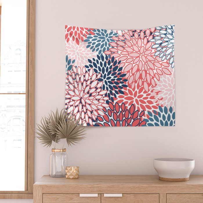 Modern Floral Prints, Coral and Navy Wall Tapestry Gallery Image 2