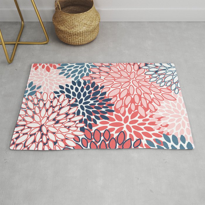 Modern Floral Prints, Coral and Navy Rug Gallery Image 1