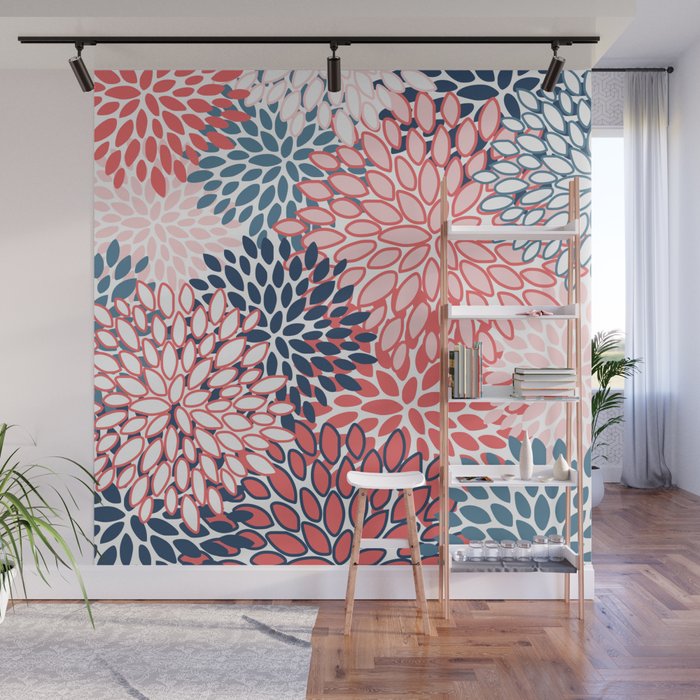 Modern Floral Prints, Coral and Navy Wall Mural Gallery Image 1